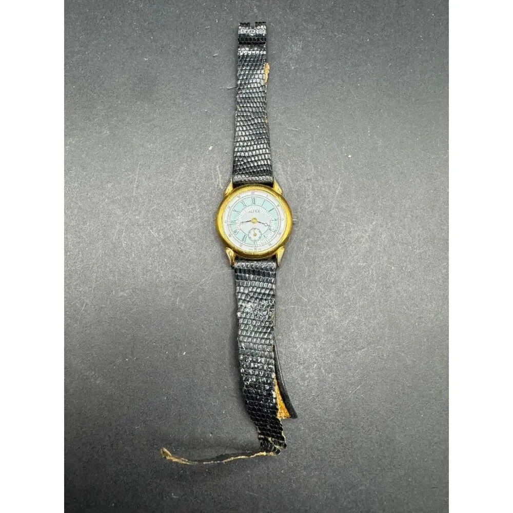 ALFEX Swiss Made Gold Tone Bezel Women's Wristwatch Black Leather Band
